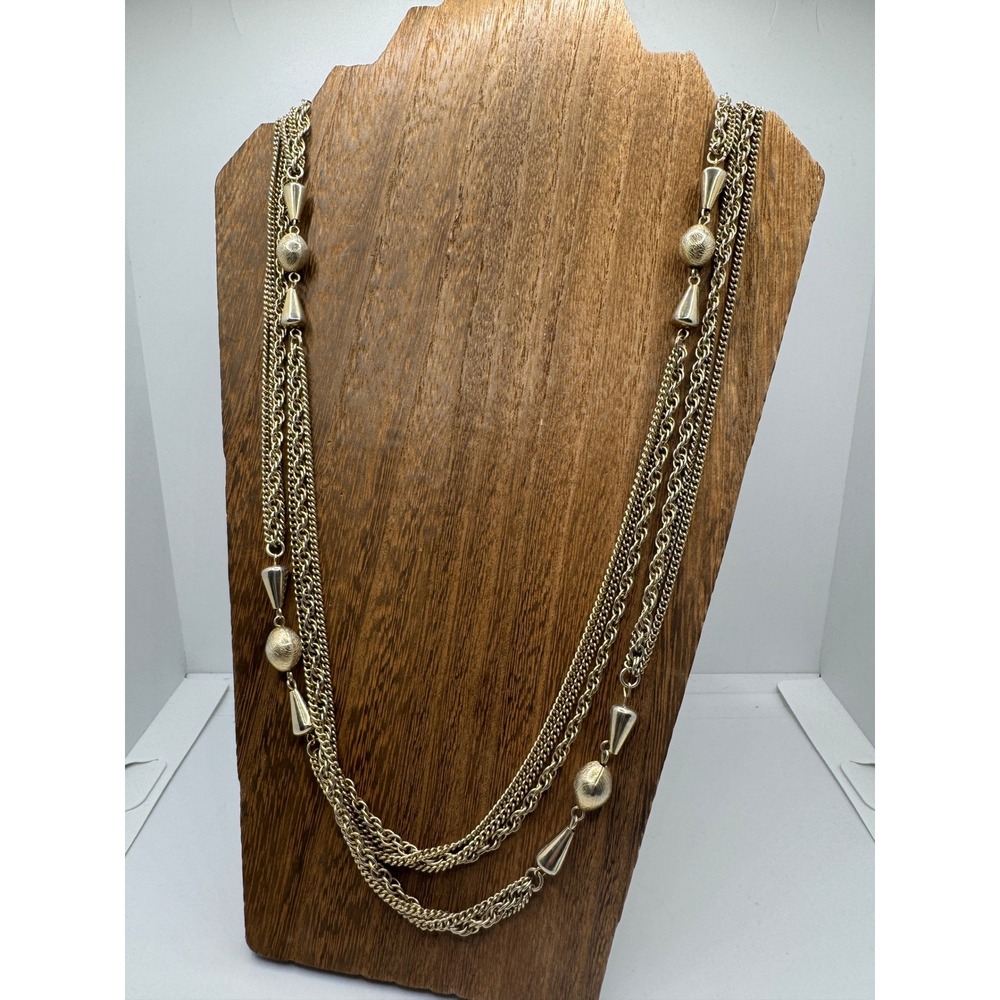 Vintage Gold Tone Multi Strand Layered Necklace Textured Orb Cone Bead Long